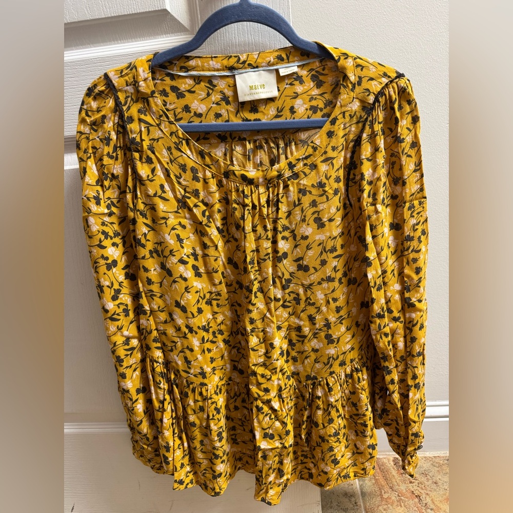 Anthropologie Maeve Yellow Ruffled Long Sleeve Blouse